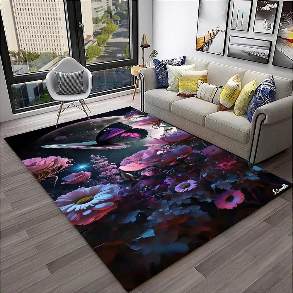 3D Luxury Dream Butterfly Flower Carpet Non-slip Floor Mat for Home Living Room Bedroom Sofa Washable Kid Play Area Decor Rug