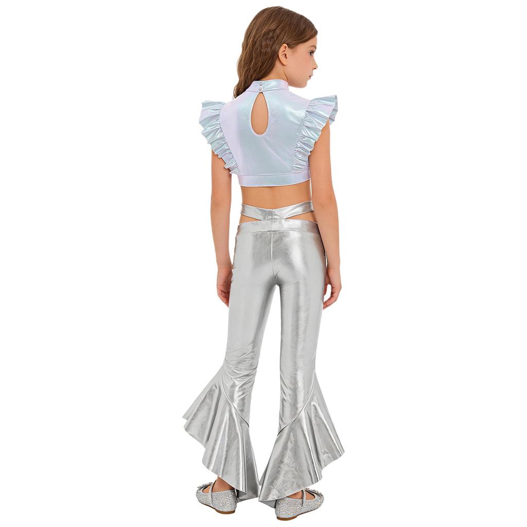 Girls Dance Crop Top with Flared Pants Mock Neck Sleeveless Mesh Rhinestone Ruffle Metallic Outfit Set
