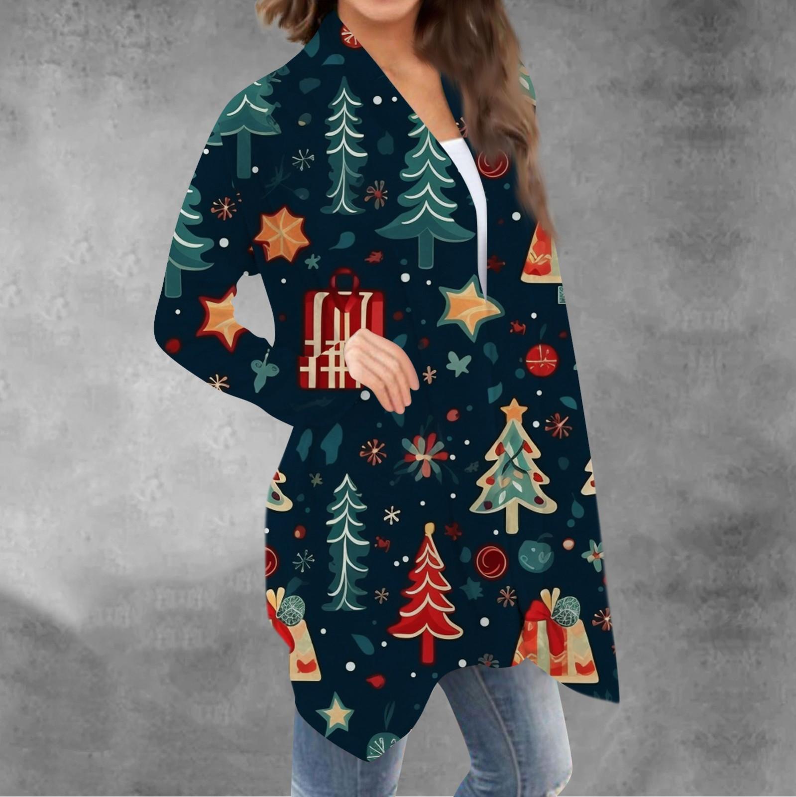 

Женский повседневный кардиган с длинными рукавами и рождественским принтом без верхнего пальто XXXL тёмно-синий