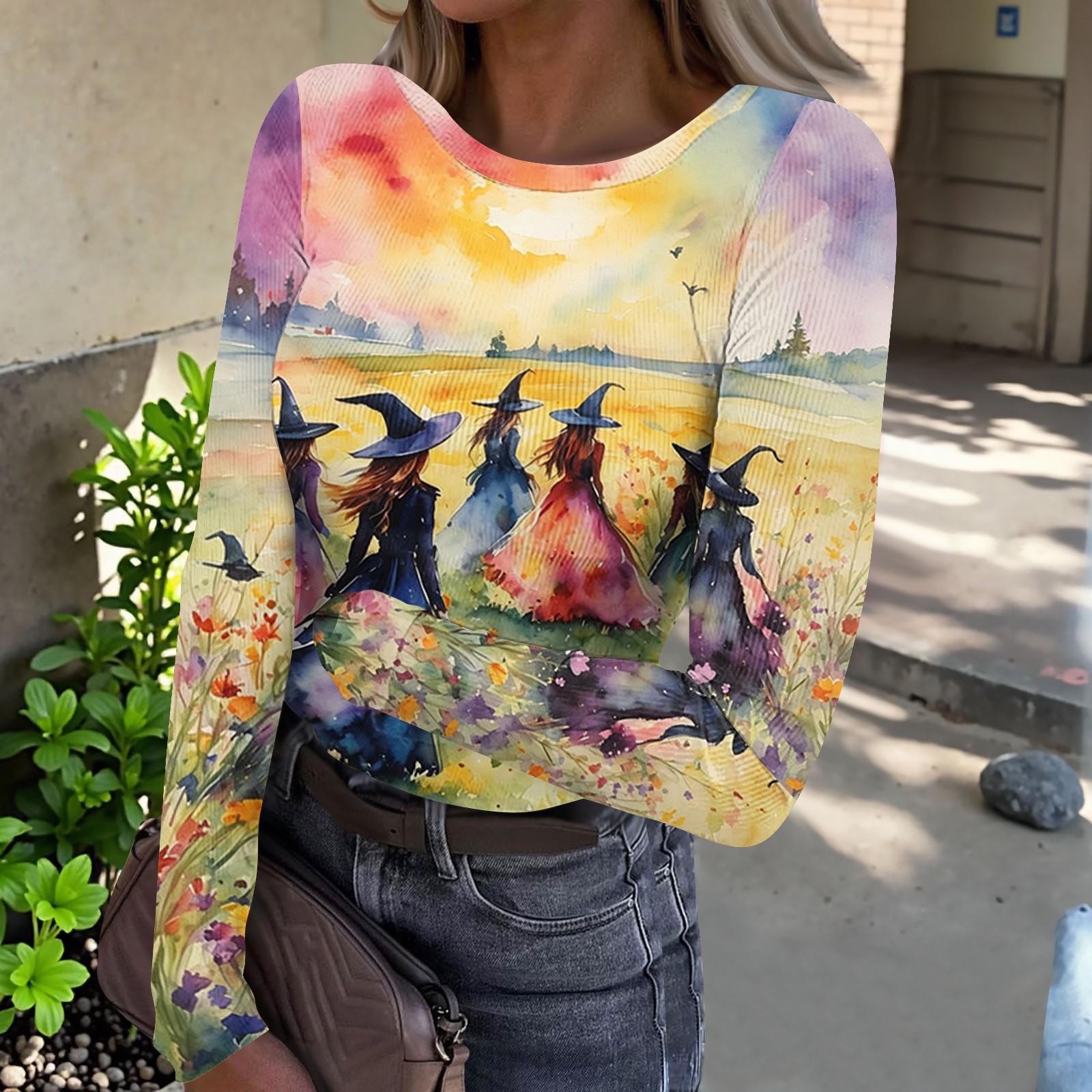 Women s Halloween Printed Round Neck Slim Fit Long Sleeve -Shirt XL