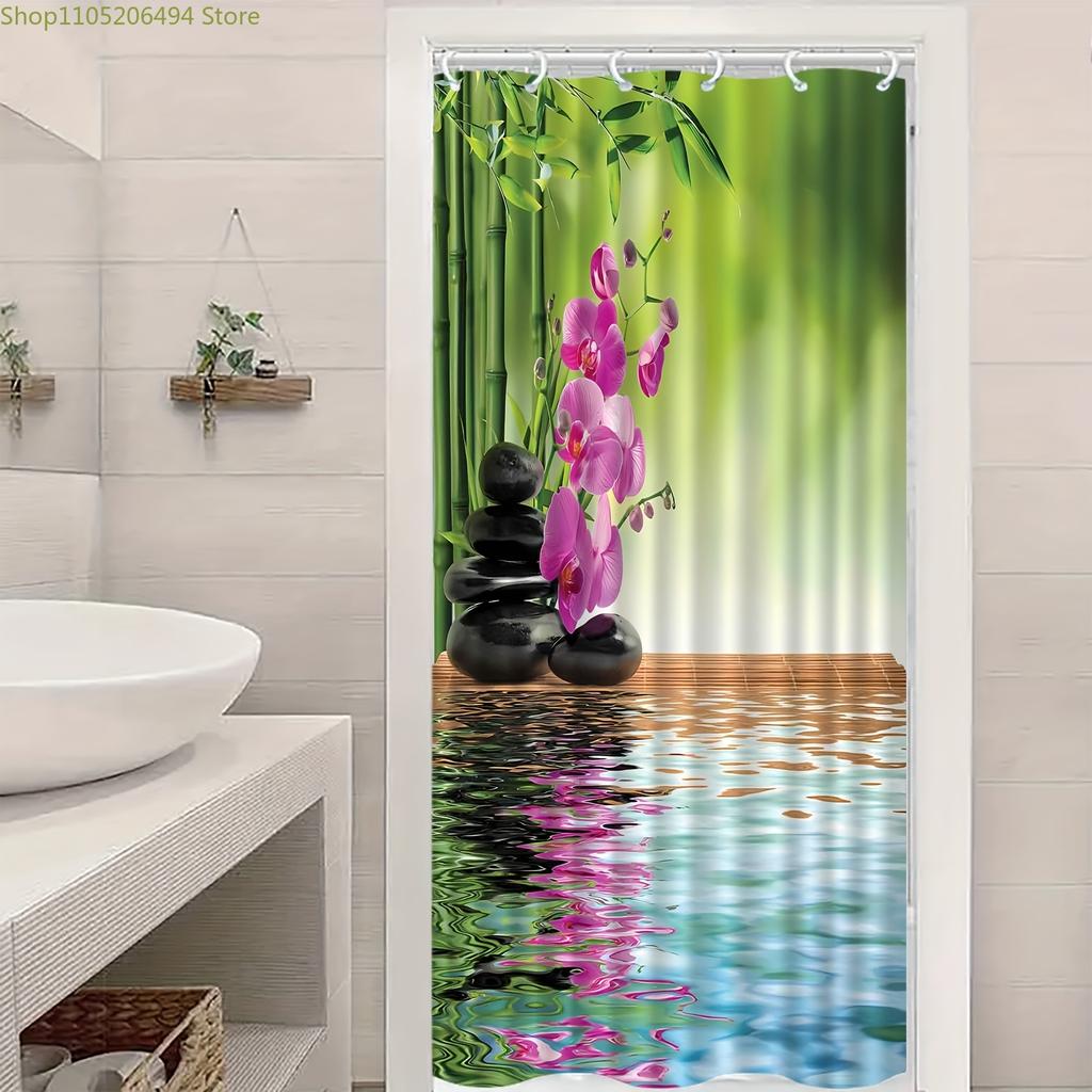Jit1pc Stone Flower Pattern Print Shower Curtain for Home Bathroom Decoration, Easy Installation, with 12 Hooks Polyester Fabr