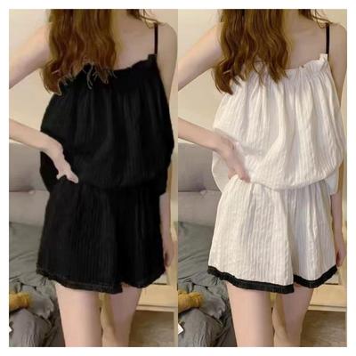 Summer Women Two Pieces Thin Pajamas with Suspenders Solid Soft Short Cotton Homewear Simple Loose Outdoor Gilrs Set Clothing