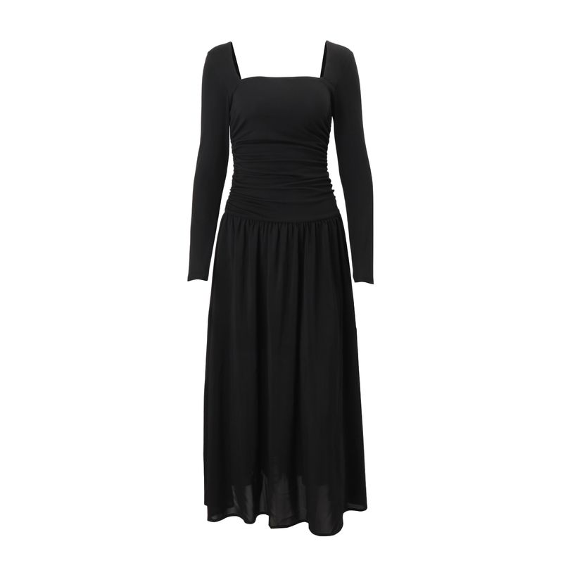 

French style Retro Hepburn Style Black Square Collar Long sleeve dress Women High Sense Slim fit Temperament Patchwork Chiffon Long dress Black L