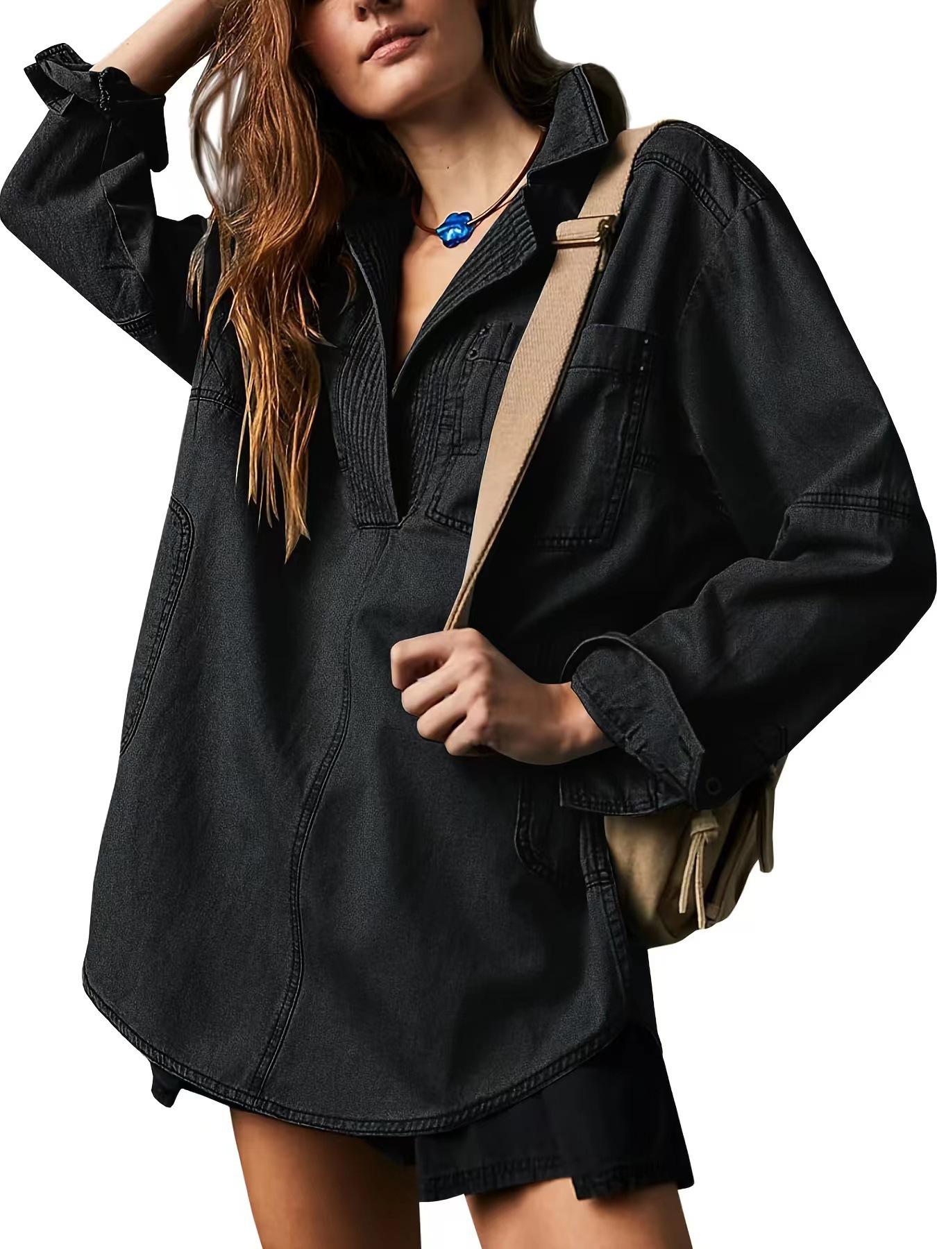 

2025 Denim V-Neck Jacket: New Euro-American Long Sleeve Casual Fashion 2XL чорний