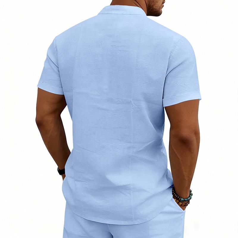 Men's Linen‑Blend Lace‑Up Stand‑Collar Shirt, Crisscross Tie Front V‑Neck, Short Sleeve, Breathable Relaxed‑Fit Medieval Renaissance Casual Summer Top