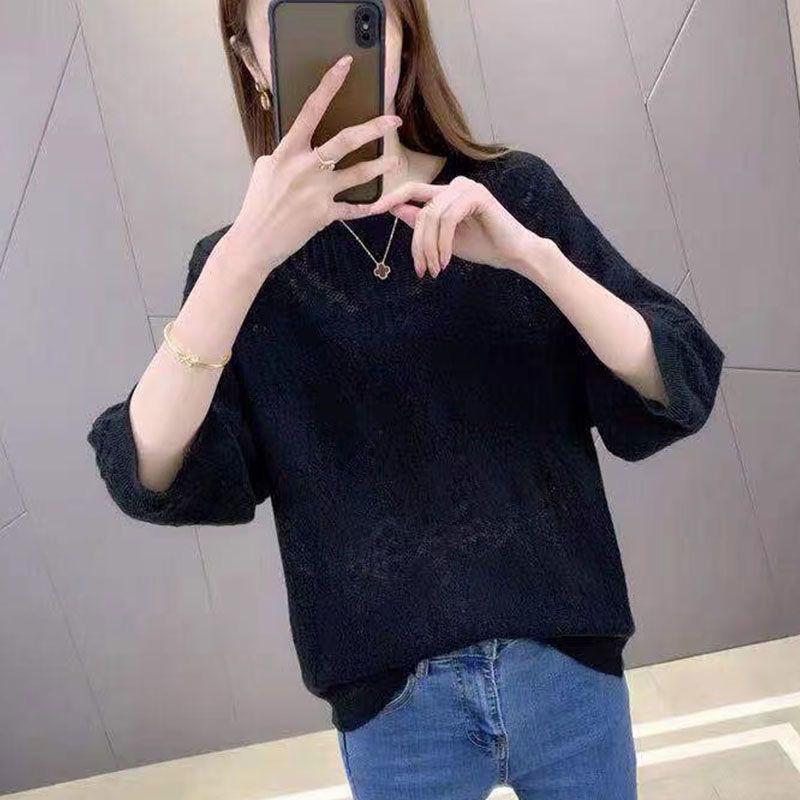 

Модный темперамент Элегантная перспектива Ажурный вязаный свитер Женский повседневный тренд Весна и лето Свободный однотонный тонкий верх Average size 54-48 чёрный