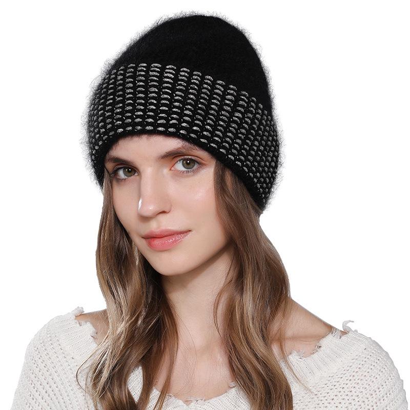 Women's Autumn Winter Angora Rabbit Hair Solid Color Warm Knitted Pullover Wool Cap Hats