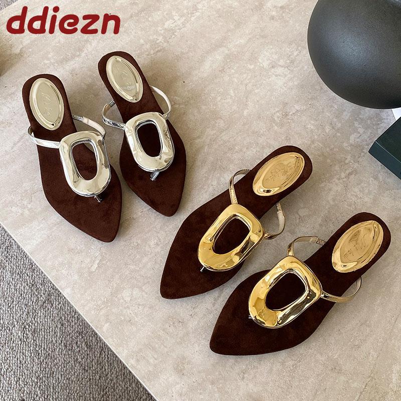 Fashion Fashion Metal Ladies Low Heel Slippers Shoes Summer Beach Luxury Female Flip Flops Women Heeled Slippers Slides Sandals Shoes