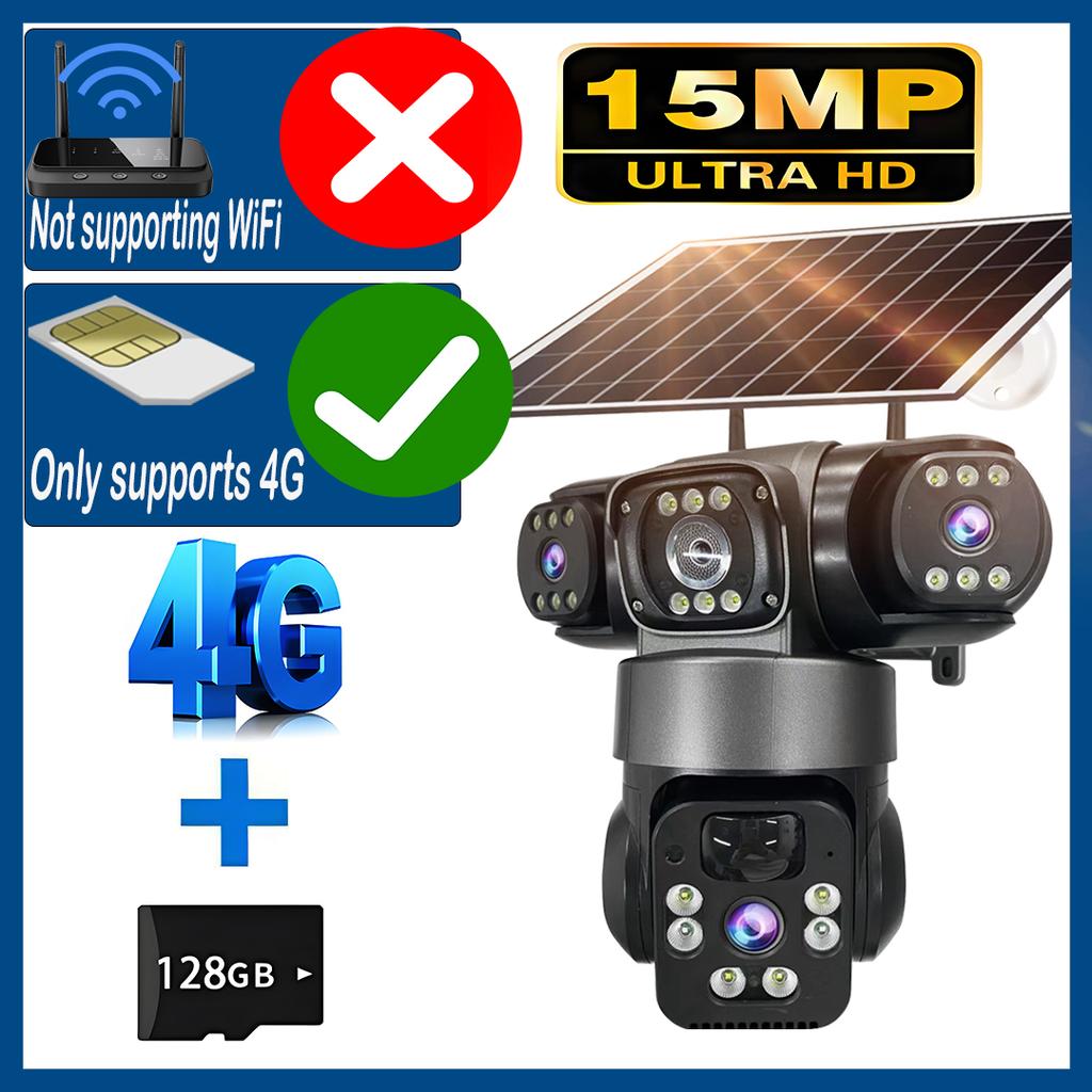 V380 15MP 4G SIM Solar Camera Outdoor Triple Lens Three Screen Two-Way Audio Auto Tracking Security Camera CCTV PTZ Surveillance