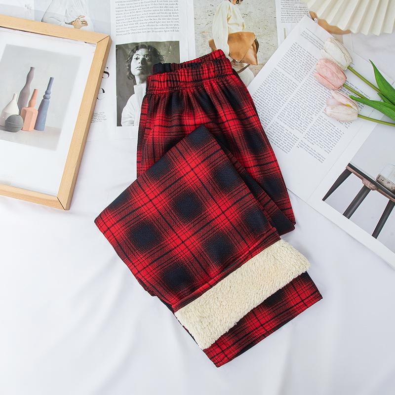 GMXIA Fleece Plaid Pants Women's Autumn and Winter Thickened High-waisted Slimming Straight Leg Casual Floor Wide Leg Pants