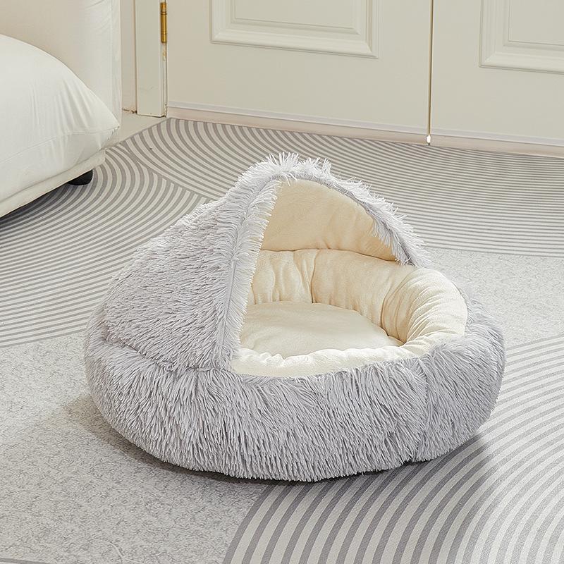 Cozy Plush Cat and Dog Bed: Year-Round Semi-Enclosed Shell Design for Warmth and Comfort