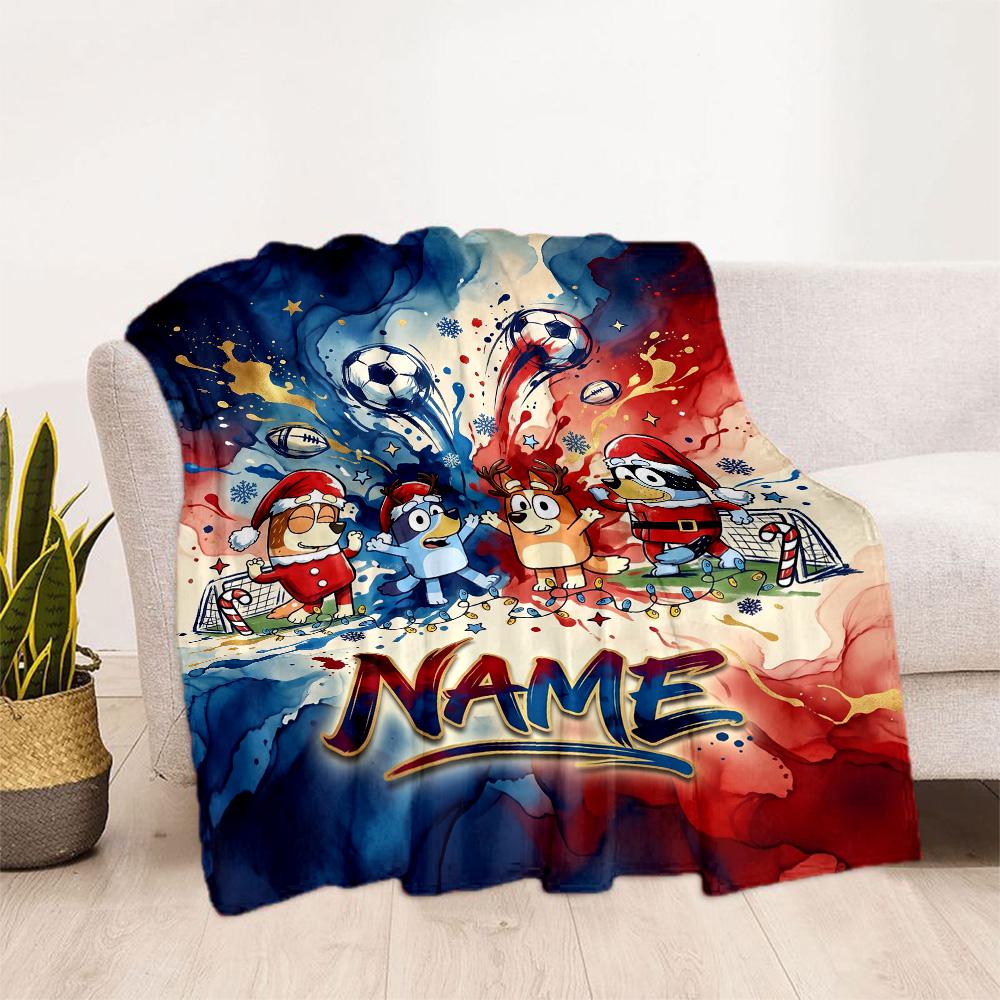 Bluey's Soccer Adventure Customize Your Name Blanket Gift Personalized Blanket Comfortable Versatile for Office Chair Couch Nap Picnics