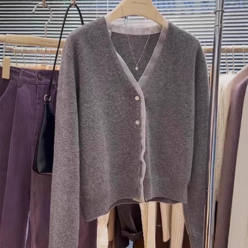 Gray lace splicing lace short cardigan sweater jacket women's autumn and winter small people wear knitted sweater