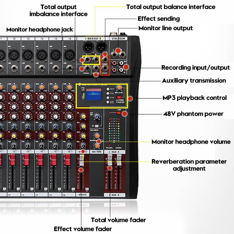 110V 6/8/12/16 Channel Audio Mixer 6 Music Modes USB Bluetooth Mixing Console Amplifier Computer Playback Phantom Power Effect