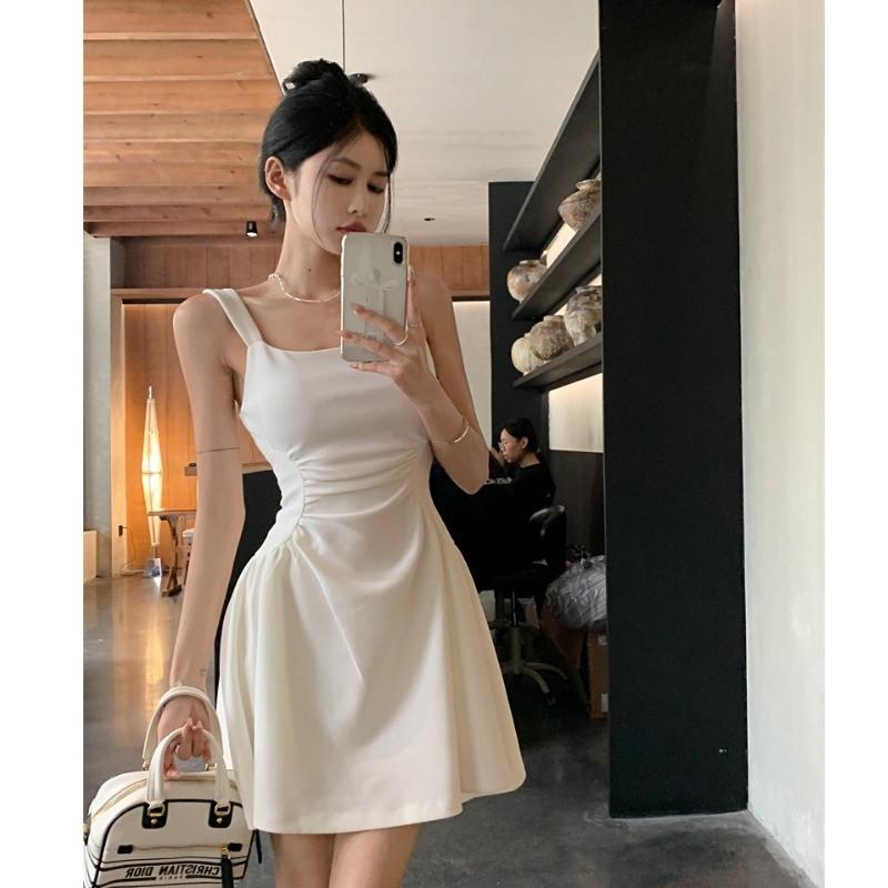 

YYFS Женская мода лето весна однотонный принт без рукавов квадратный воротник высокая талия повседневные платья L белый