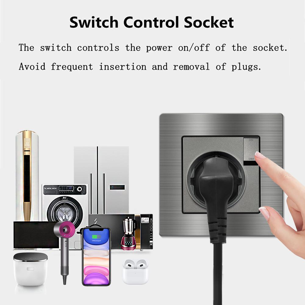 EIOMR France Standard Electrical Socket Grey Aluminum Alloy Panel Light Switch Rj45 Tv 220V 16A Wall Outlets for Home Appliance