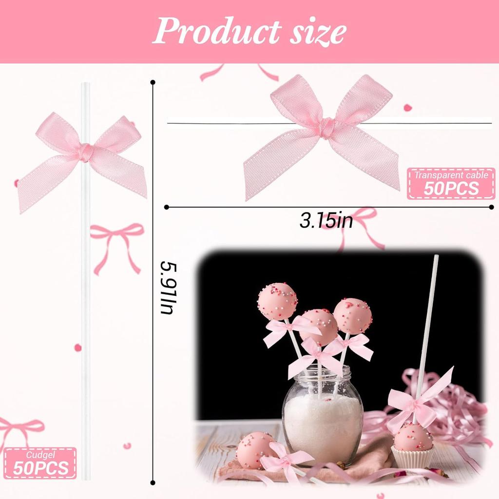 Faccito Pink 50 Sets 6" Bow Cake Pop Sticks DIY Coquette Themed Dessert Decorations for Candy, Lollipop, Cupcake Toppers, Party Decor for Baby