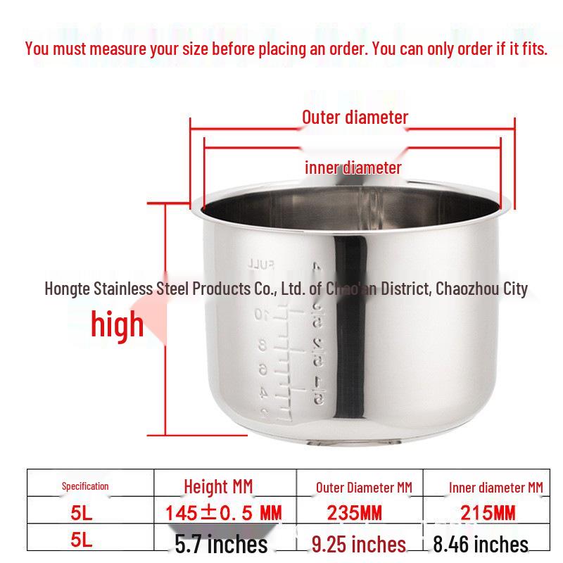 6L-165 304 Stainless Steel Electric Pressure Cooker Inner Pot, Double Bottom, Food Grade, Thickened Accessories.
