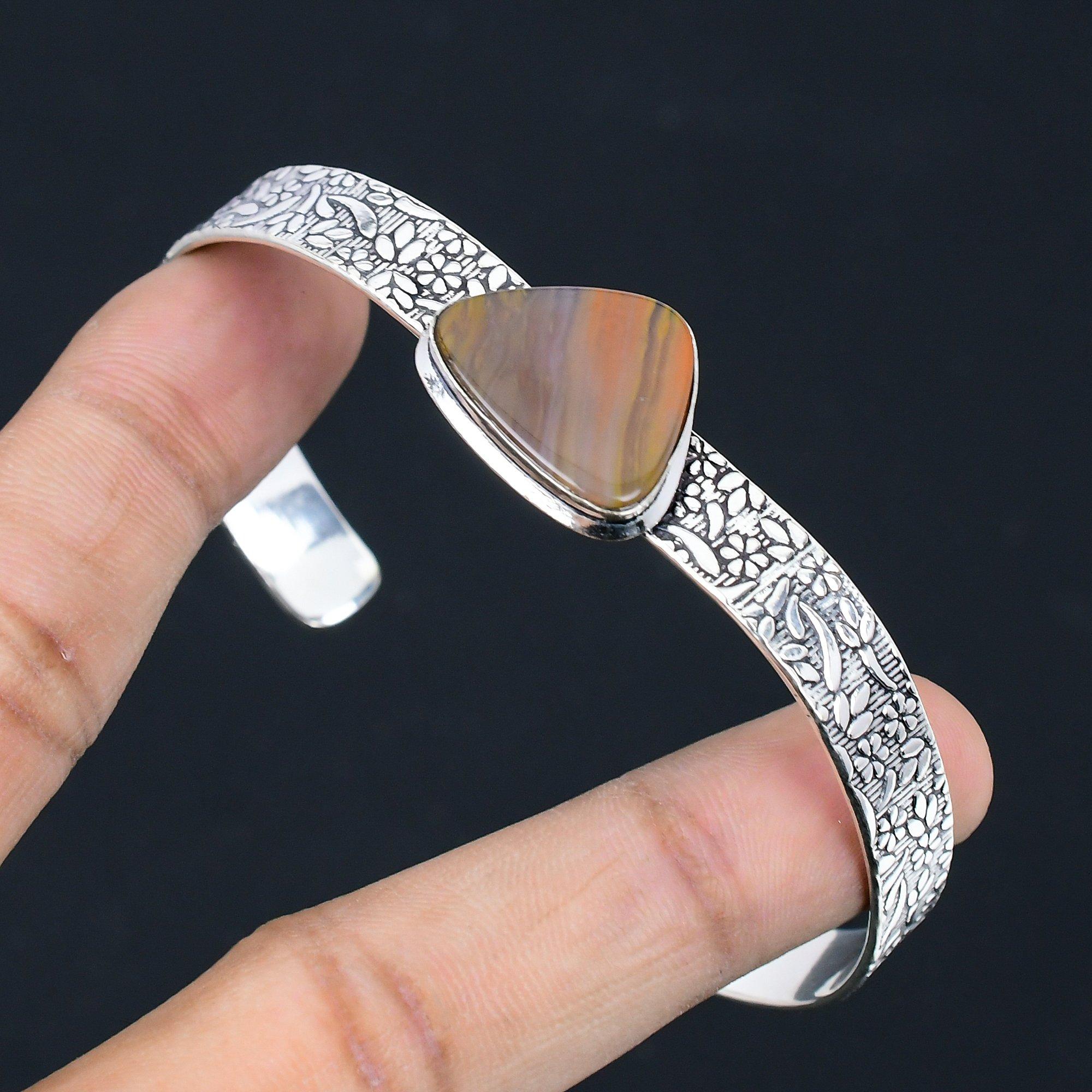 

925 Silver Natural Landscape Jasper Engagement Mother Anniversary Wedding Bangle Adjustable