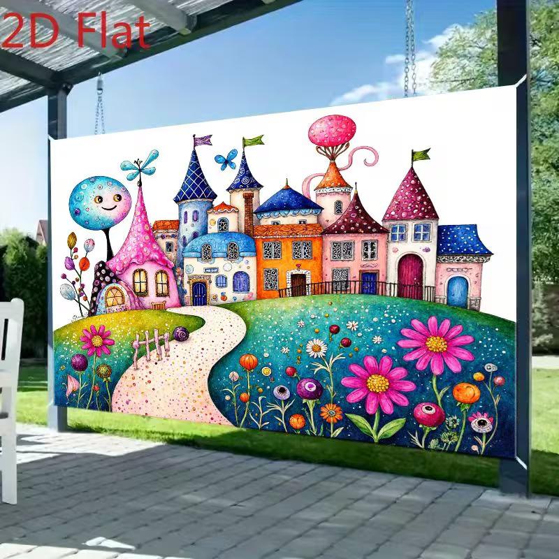 2D Magical Kingdom Backdrop, Cute Colorful Castle and Garden Illustration Background