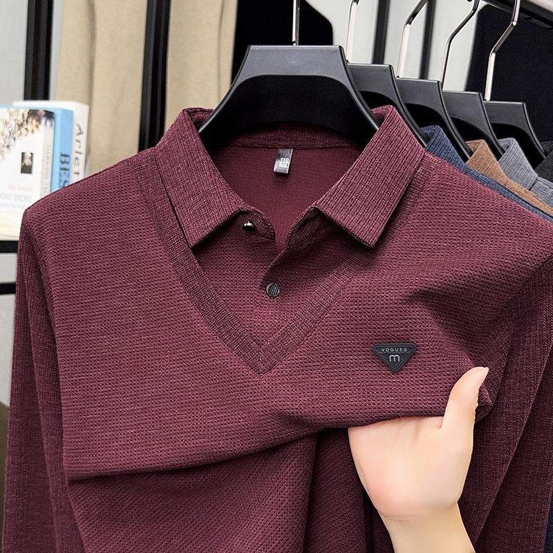 

Spring And Autumn Men S Fake Two Piece Long Sleeved T-Shirt Dad Pure Cotton Thin Casual Printed T-Shirt Polo 4XL