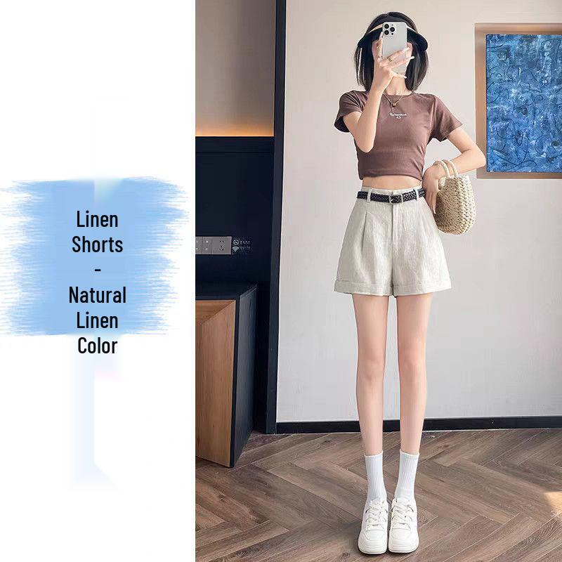 

Women s High-Waist Ice Silk A-Line Shorts - Summer Thin Style with Rolled Hem and Loose Fit S (86-95 jin) льняной/бежевый