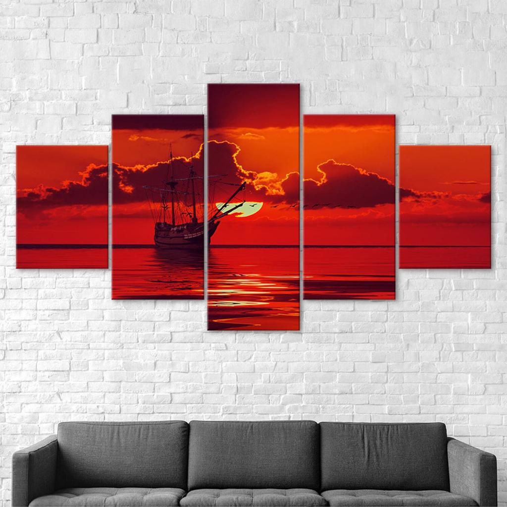 Boat Sunset Red Sky Scenery 5 Piece Five Panel Wall Canvas Print Modern Art Poster Picture Home Decor Gift For Him For Her