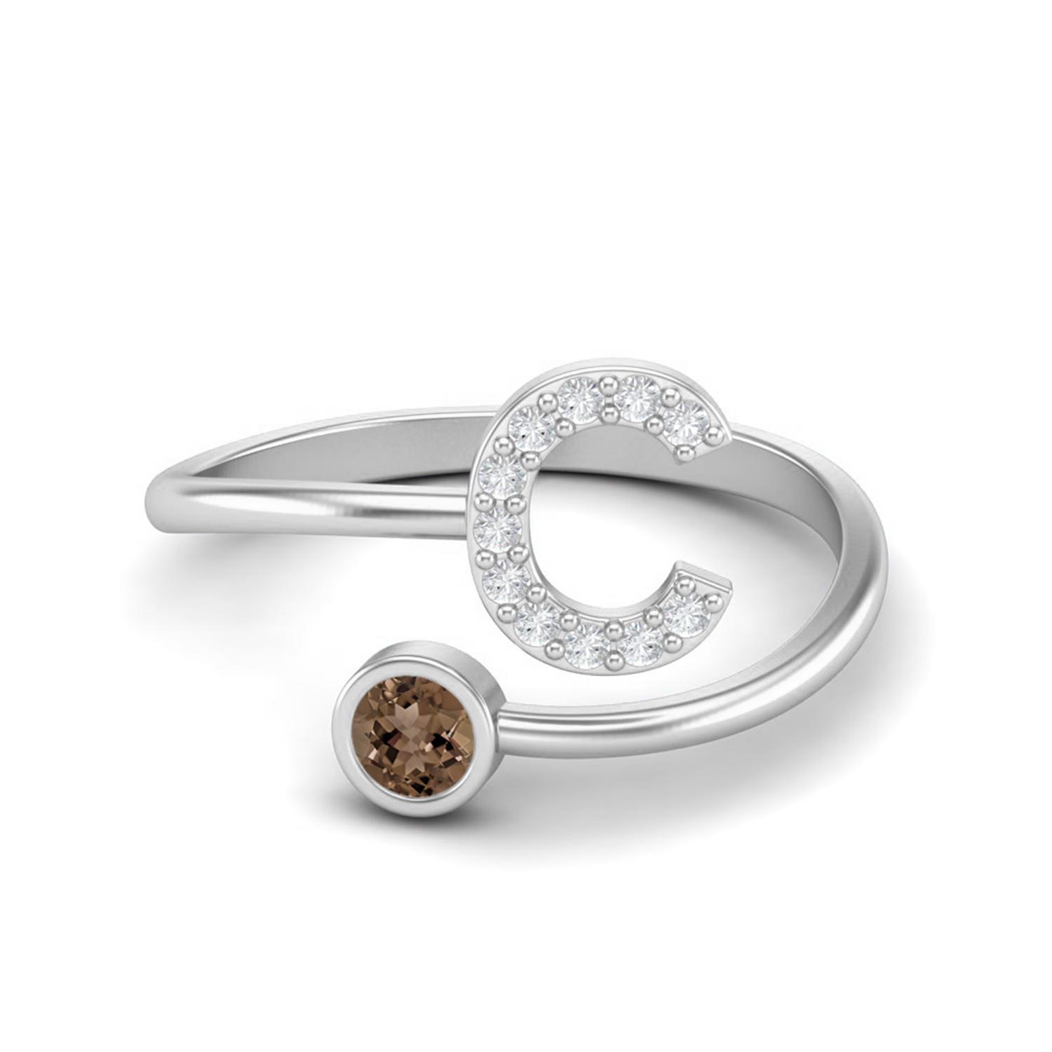 Capital C Initial Letter 3MM Round Smoky Quartz 925 Sterling Silver Women Adjustable Wedding Ring 8 белый