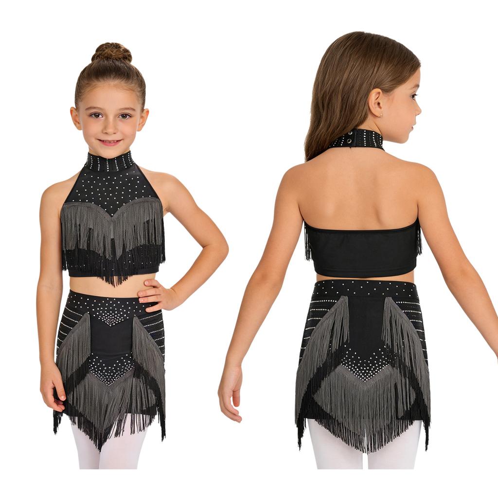 Sparkling Rhinestone Latin Dance Outfit for Kids Girls: Halter Sleeveless Backless Top with Attached Shorts Skirt for Shows