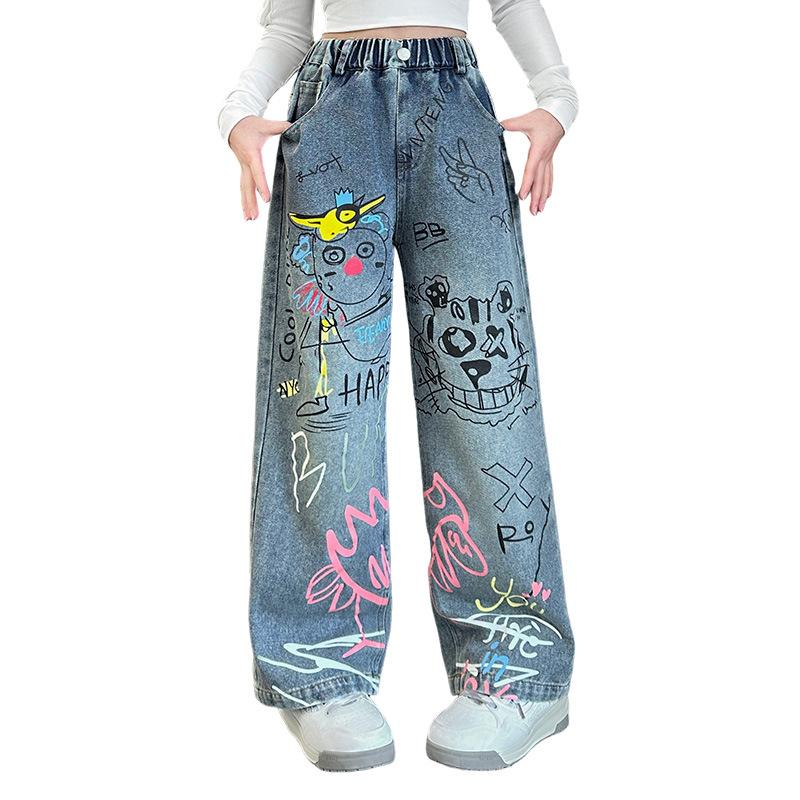 Stylische Graffiti Wide-Leg Denim Jeans für Mädchen - Frühling & Herbst Streetstyle Loose Fit für große & mittlere Kinder
