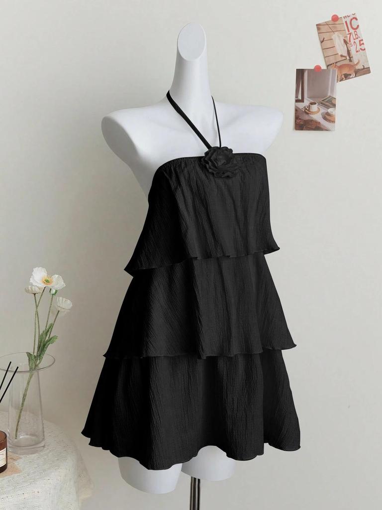 Pure Desire Floral Slim Halter Neck Ruffle Dress - Women's Fashion