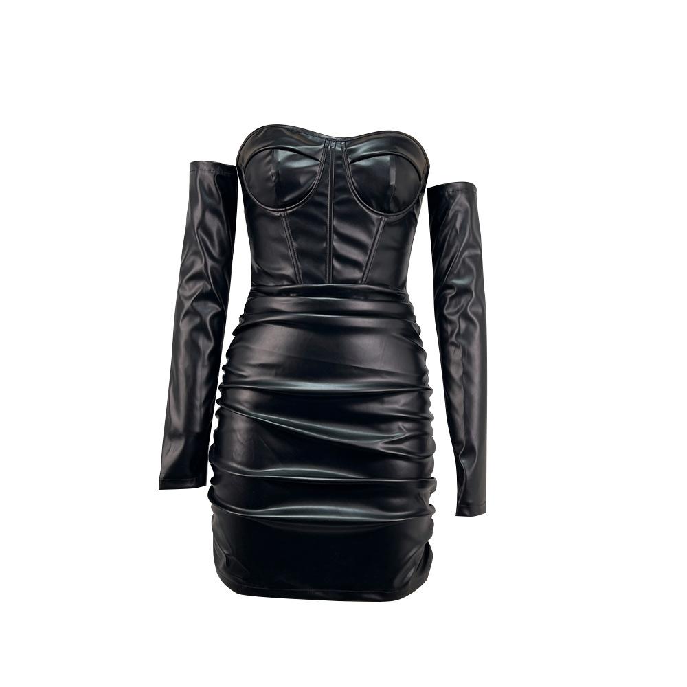 Strap-packing Hip Dress Spring and Summer Sexy Off-shoulder Pleated Leatherette Skirt Fish Bone Waist Skirt