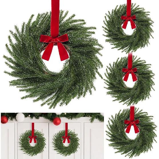 6 Pack 11 Inch Mini Christmas Wreath Small Christmas Kitchen Cabinet Wreaths with Red Velvet Bow Artificial Norfolk Pine Wreath Outdoor Christmas 4