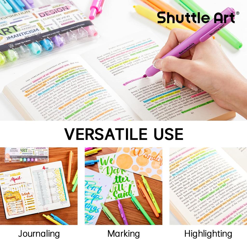 Shuttle Art Highlighter Pastel Neon Chisel for Diary Card SNS Pens, 12-Pack, Retractable, & Colors, Soft, Vibrant, Water-Based, Tip, Quick-Drying,