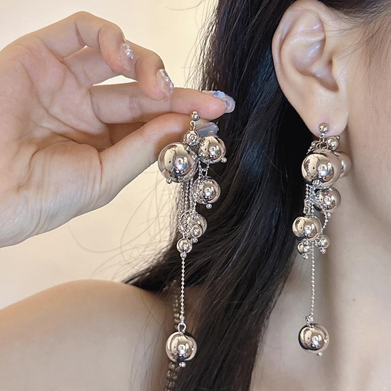 Long Tassels Round Metal Ball Pendant For Women European American Style Dangle Earrings Party Jewelry