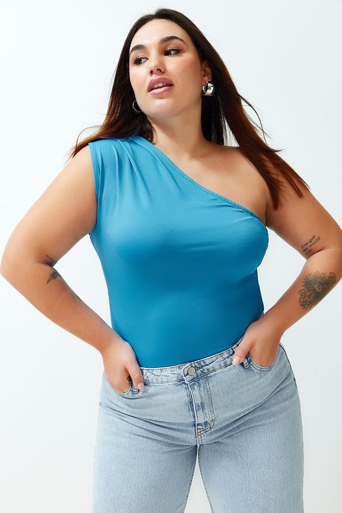 Women's Style Plus Size Cinnamon Asymmetric Collar Knitted Body with Snaps at the Bottom