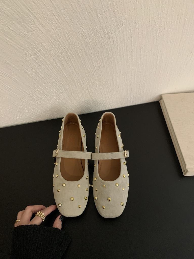 Nitaröd Mary Jane-sko dam ny fyrkantig tå låg urringning enkla skor platt sula med små läderskor