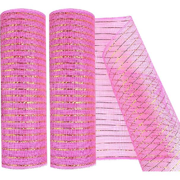 2 Pack Deco Mesh 10 Inch x 30 Feet Decor Mesh Ribbon with Metallic Foil Deco Mesh Wreath Supplies Ribbon Mesh Roll for Spring Wreaths, Craft, Party
