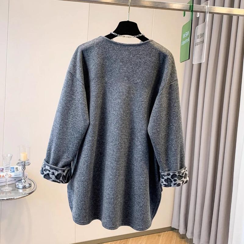 Sweatshirt for Women Oversize Leopard Fleece Thickened Loose V Neck Casual Pullover Long Sleeve Winter Sweatshirt Top