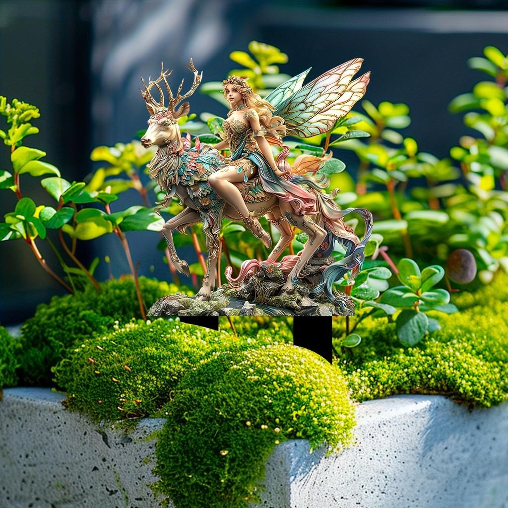 Vibrant Green Magical Deer And Forest Fairy Garden Acrylic Stake Sign Perfect For Unique Gifting