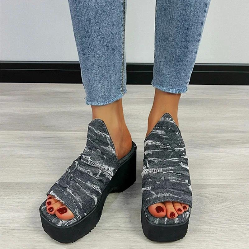 Women Fashion Denim Blue Wedges Sandals Summer Chunky Platform Heeled Sandals Woman Thick Soled Beach Shoes Plus Size 43