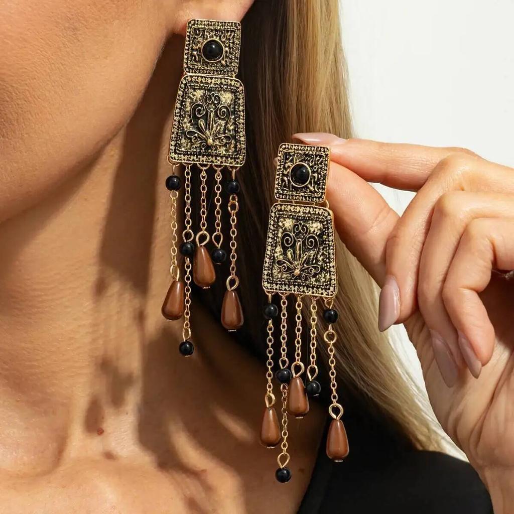 SHIXIN Vintage Carving Flower Geometric Drop Earrings for Women Luxury Water Drop Tassel Pendant Earrings Fashion Party Jewelry