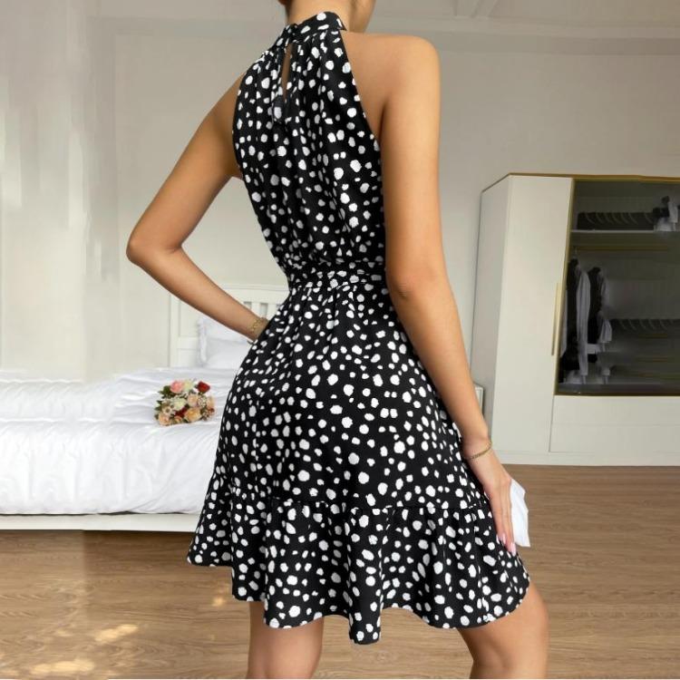 Dámské podzimní zimní mini šaty bez rukávů s ohlávkou, ležérní puntíkovaný potisk, vysoký pas, áčková linie, volánové okraje