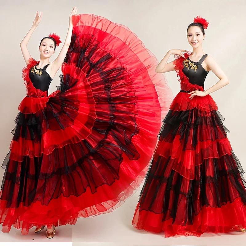 Spanish Flamenco Skirt Polyester Satin Dresses Smooth Big Swing Party Ballroom Belly Dance Dress Carnival Costumes Woman
