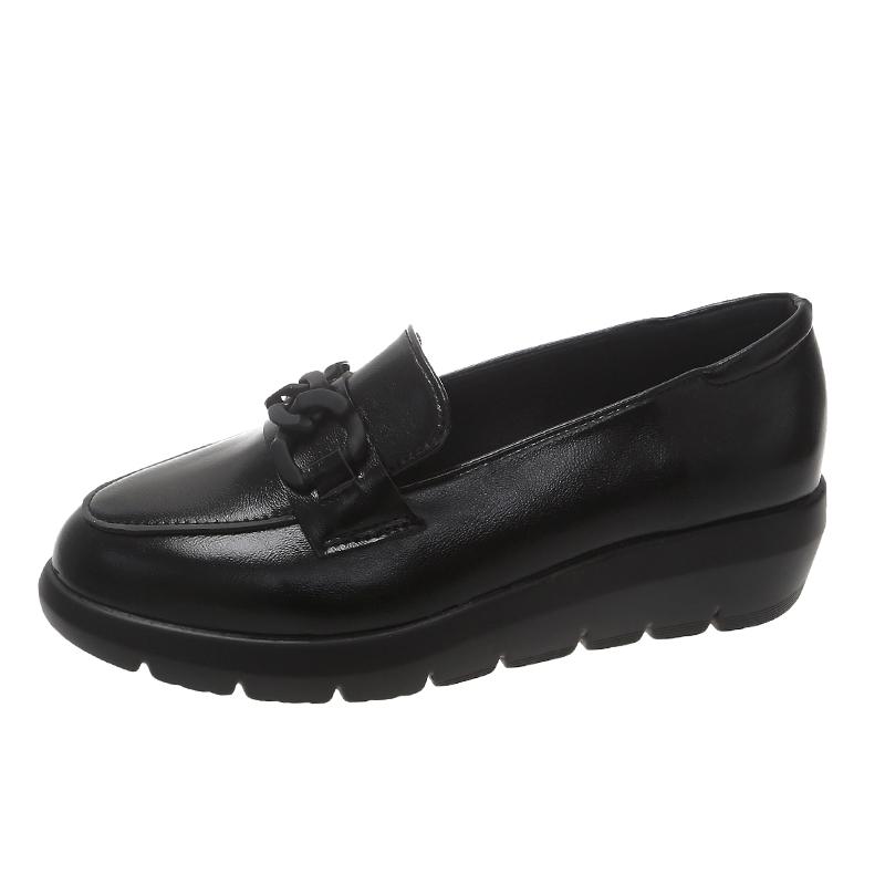 Plus Size Single Shoes Women's Autumn New Round Toe Deep Mouth Metal Chain Platform Casual Landslide Heel Loafers