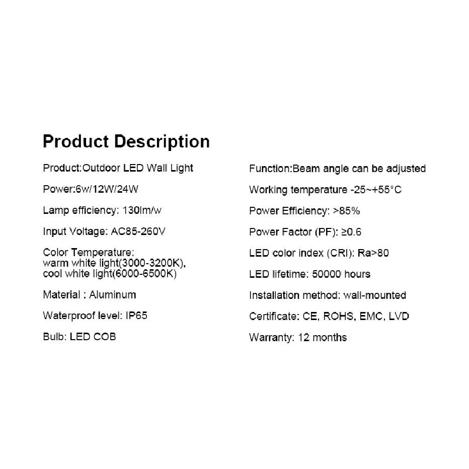 Aluminum LED Wall Lamp Outdoor Waterproof IP65 Interior Wall Light 12W24W Porch Garden Lights Living Room Street Stairs Lighting