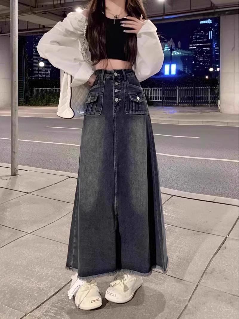 

Юбка А-силуэта из ретро-денима с высокой посадкой для женщин - Летняя коллекция 5X-Large синий/серый