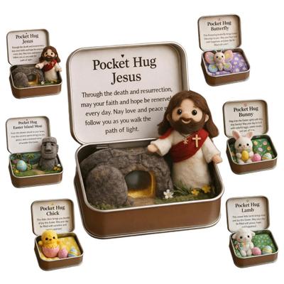 Easter Pocket Hug Box Felt Jesus/Bunny/Sheep/Chick/Butterfly/Stone Figure In Box with Card Easter Basket Stuffers Inspirational Gift for Women