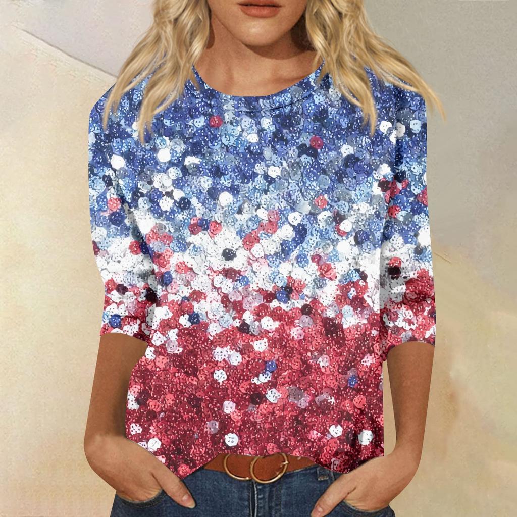 Damenmode Lässiges Oberteil mit Sieben-Viertel-Ärmeln, Unabhängigkeitstag-Print, Rundhalsausschnitt