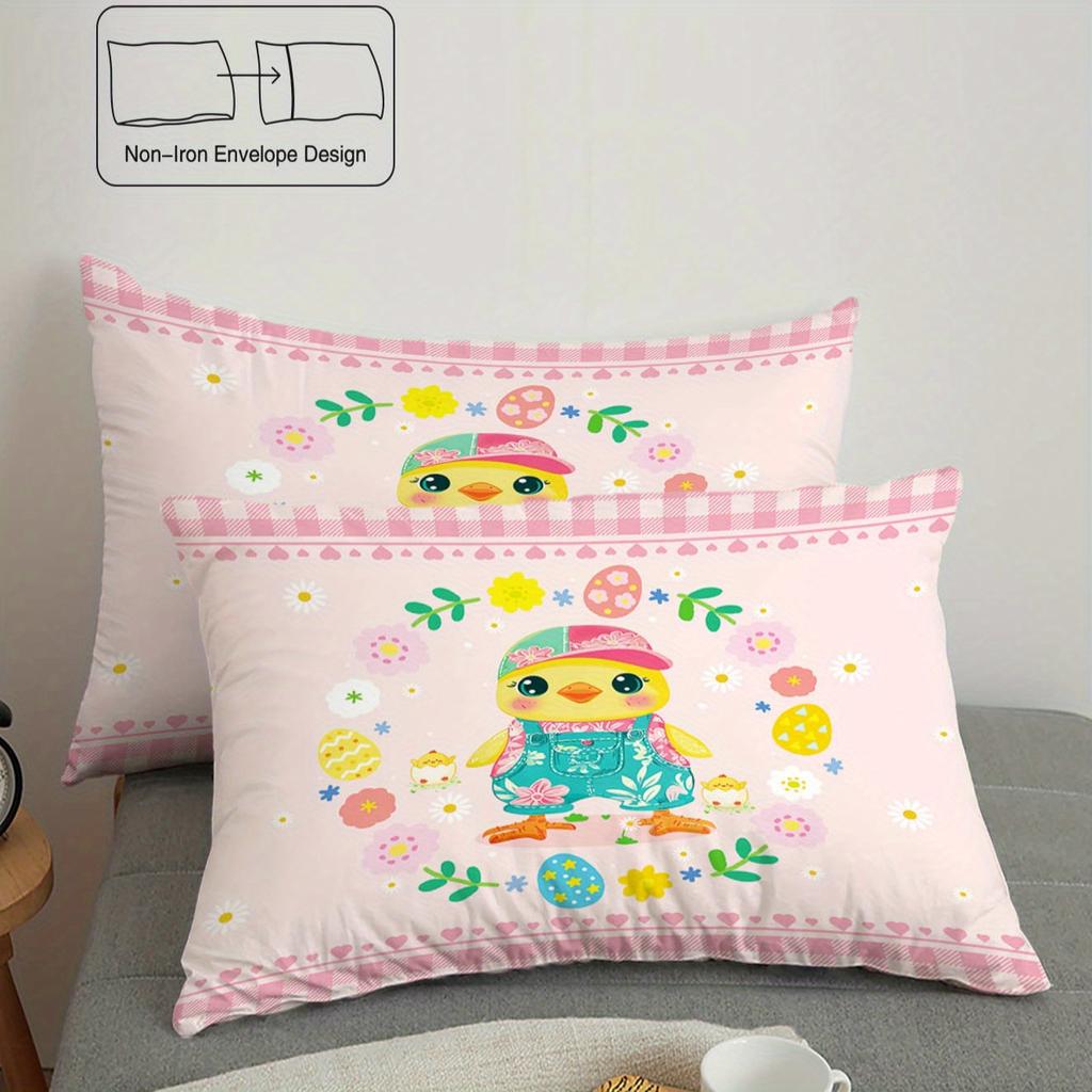 3pcs King Easter Cartoon Chicken Print Pattern Theme Duvet Cover Set, Queen, King, Double Bed, for Home,Hotel, Gift for Girl